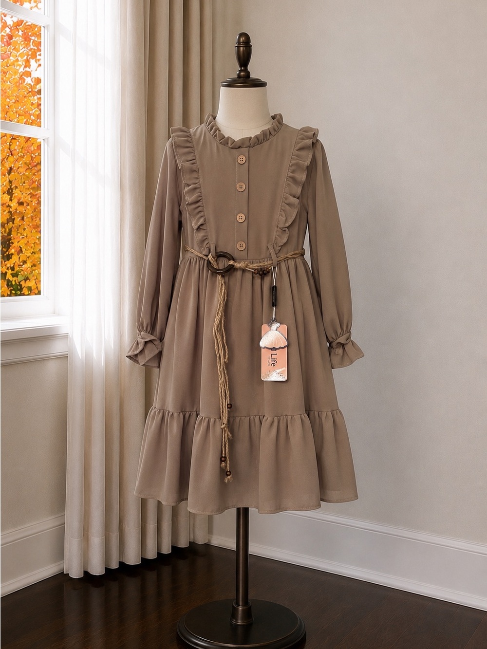 Girls' Ruffle-Trim Long Sleeve Dress in Taupe